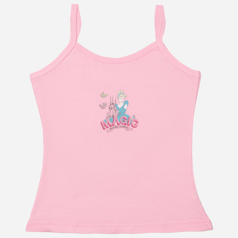 Pink girls camisole with cartoon princess and castle print, soft kids innerwear