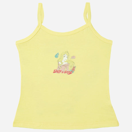 Yellow girls camisole with thin straps, cartoon princess print and 'Dare to Dream' text