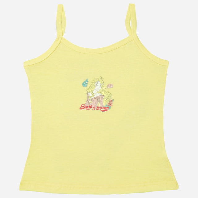 Yellow girls camisole with thin straps, cartoon princess print and 'Dare to Dream' text