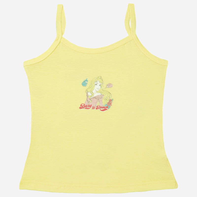 Yellow girls camisole with thin straps, cartoon princess print and 'Dare to Dream' text