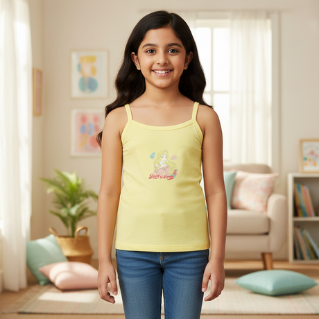 Smiling girl in yellow camisole with cartoon print and blue jeans, standing in cozy living room
