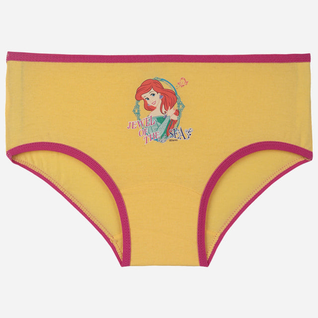 Yellow girls' brief with red trim and Ariel Little Mermaid print, Jewel of the Sea text