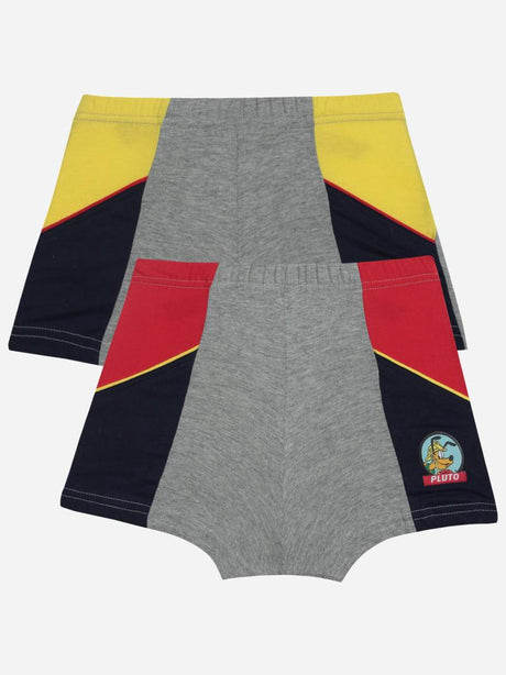 Kids' boxer briefs, grey with yellow, red, and navy panels, cartoon Pluto patch on leg