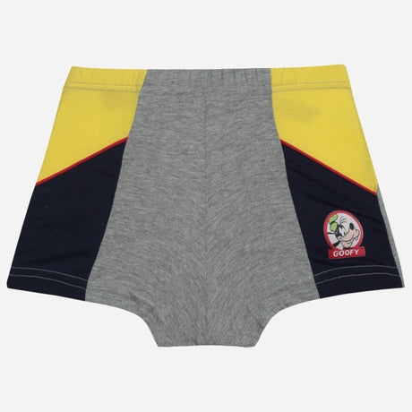 Kids grey boxer shorts with yellow and navy panels and cartoon Goofy patch on side