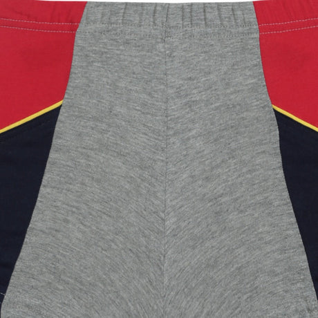 Kids innerwear shorts with grey front panel, red and navy blue side panels, yellow trim
