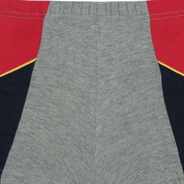 Kids innerwear shorts with grey front panel, red and navy blue side panels, yellow trim