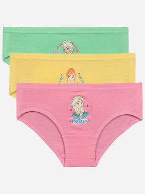 Set of three girls' cotton underwear in green, yellow, and pink with Frozen cartoon prints