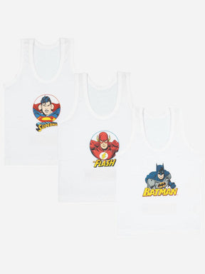 Kids white sleeveless vests with Superman, Flash, and Batman cartoon prints, multipack
