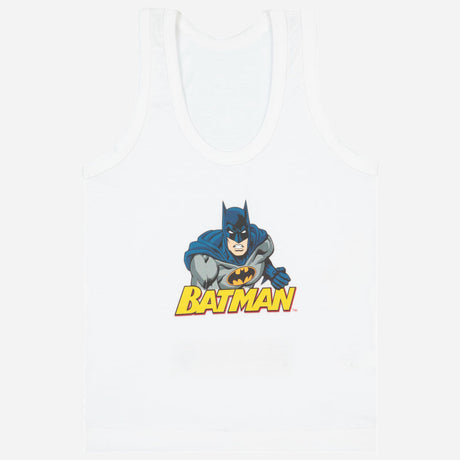 White kids sleeveless vest with Batman graphic print on front, soft cotton innerwear