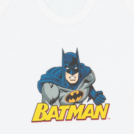 White kids' innerwear featuring bold Batman graphic and logo on chest, soft fabric