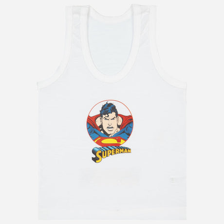 White kids' sleeveless innerwear vest featuring a Superman graphic on the front.