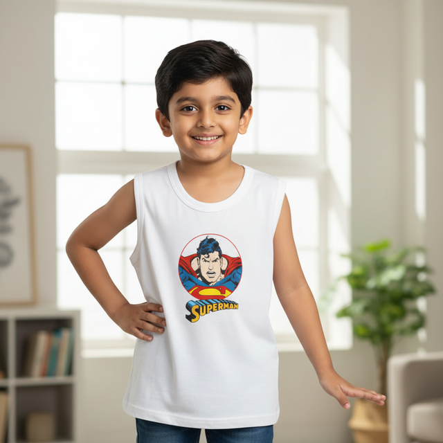 Smiling boy indoors wearing white sleeveless Superman print kids innerwear vest