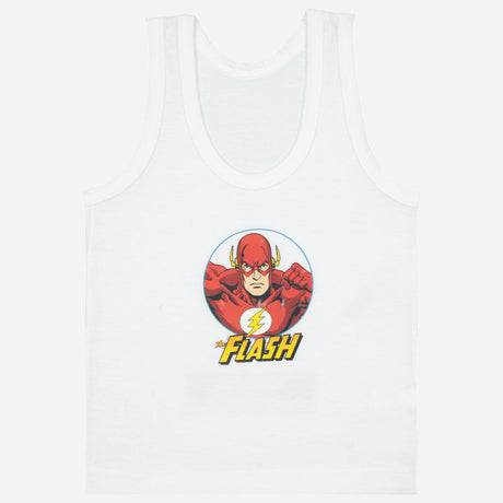 White kids sleeveless vest with The Flash superhero graphic on front.
