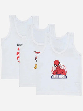 Set of three white kids' sleeveless vests with colorful superhero graphic prints on front.