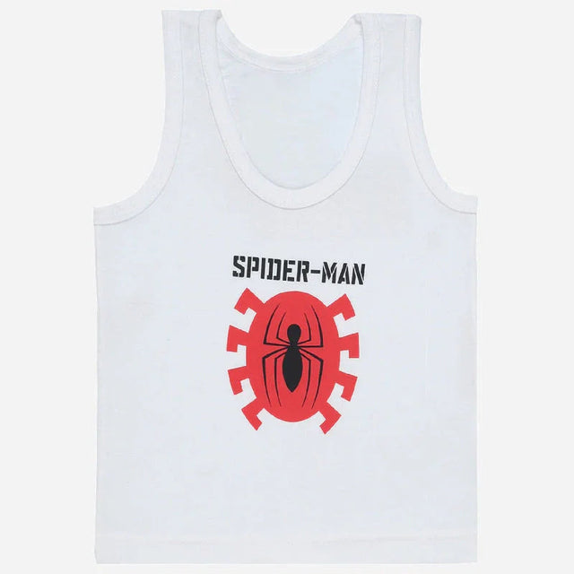 White kids sleeveless innerwear vest featuring a red spider graphic and Spider-Man text print