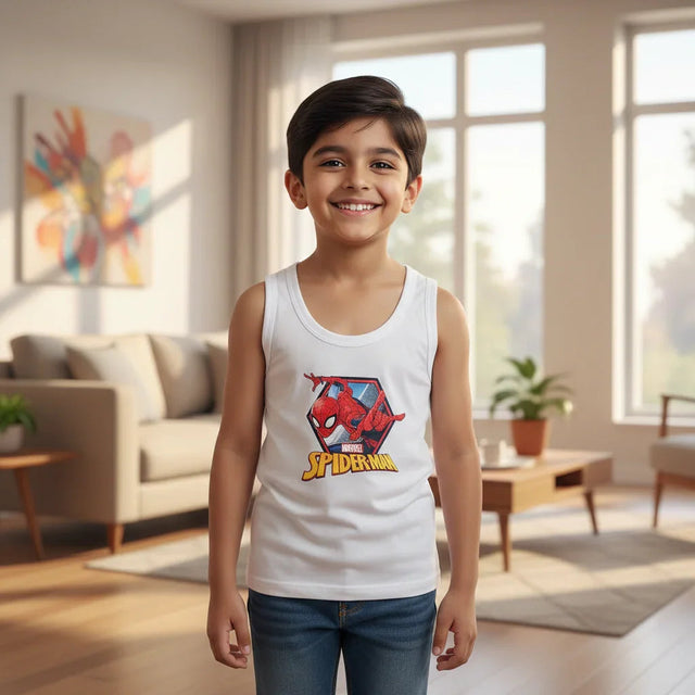 Smiling boy wearing white sleeveless Spider-Man vest, kids innerwear, in a bright living room