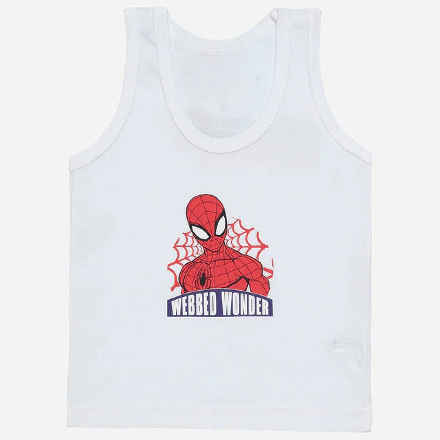 White kids cotton vest with cartoon superhero and webbed wonder text print