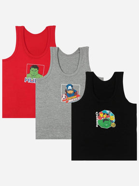 Kids innerwear multipack of three sleeveless vests with Avengers superhero prints