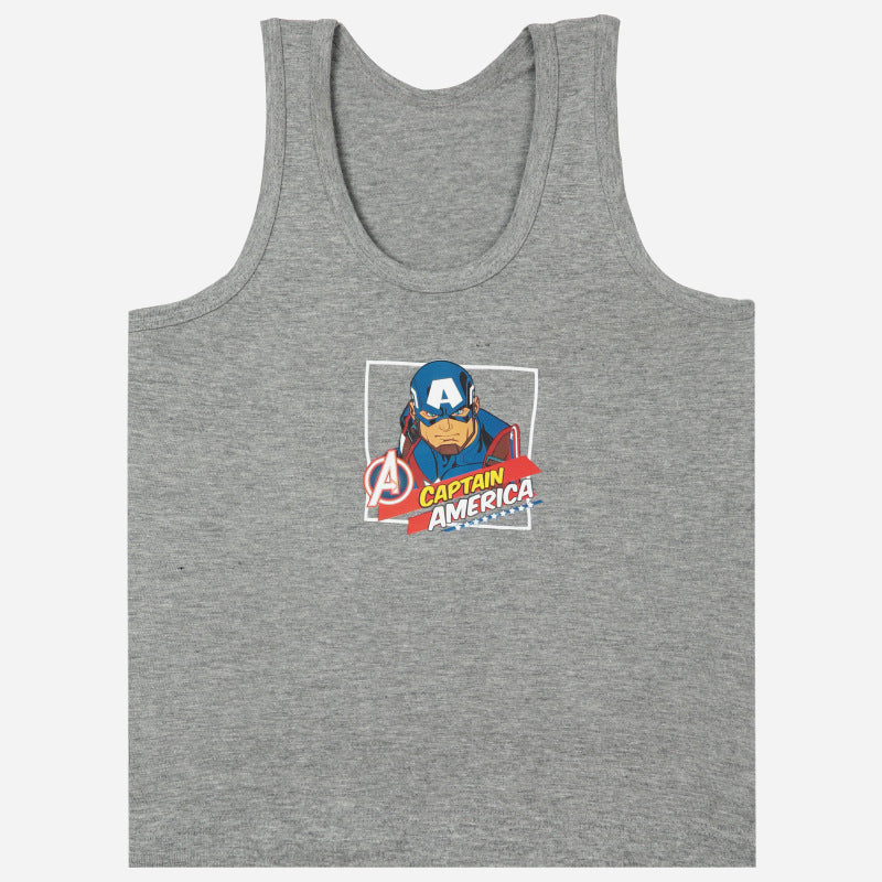 Grey kids' sleeveless vest with Captain America graphic and Avengers logo on front