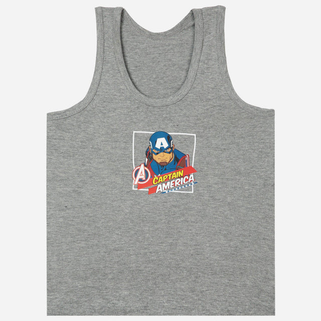 Grey kids' sleeveless vest with Captain America graphic and Avengers logo on front