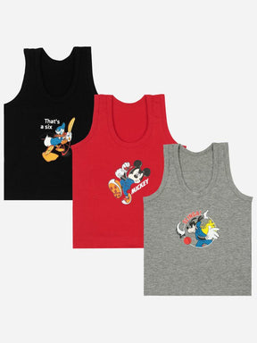 Kids sleeveless innerwear multipack with cartoon prints in black, red, and grey colors