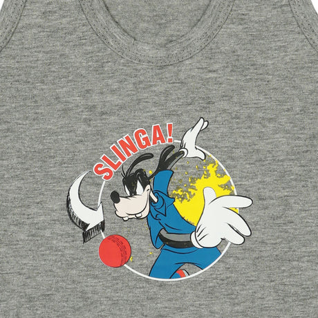 Grey kids tank top with cartoon character bowling cricket ball and 'Slinga!' text graphic