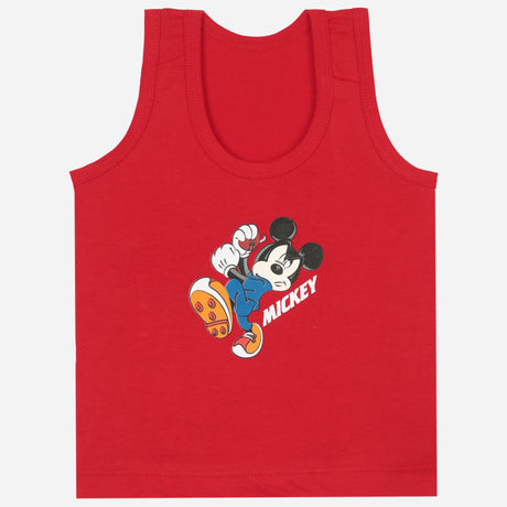 Red kids sleeveless vest with cartoon character print and 'Mickey' text, soft cotton innerwear