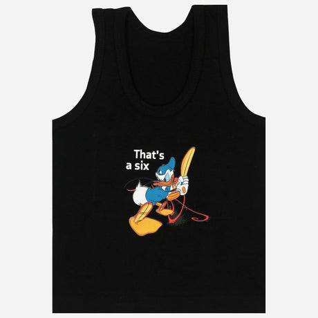 Black kids sleeveless vest with cartoon duck playing cricket and 'That's a six' text