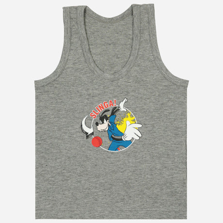 Grey kids sleeveless vest with cartoon character graphic and SLINGA! text on front