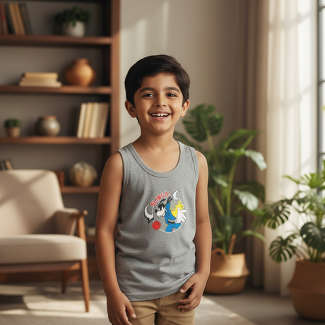 Smiling boy in grey cartoon graphic sleeveless vest, casual kids innerwear, indoor setting