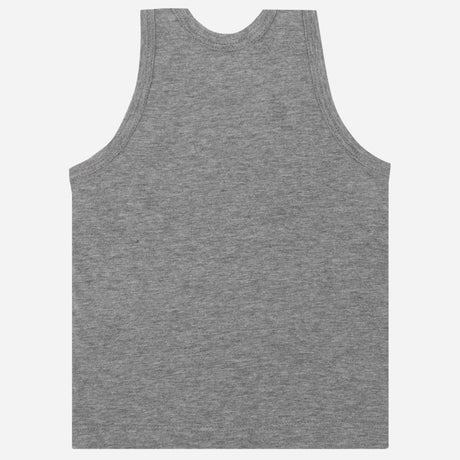 Plain grey sleeveless kids innerwear vest, back view, soft cotton fabric, isolated on white