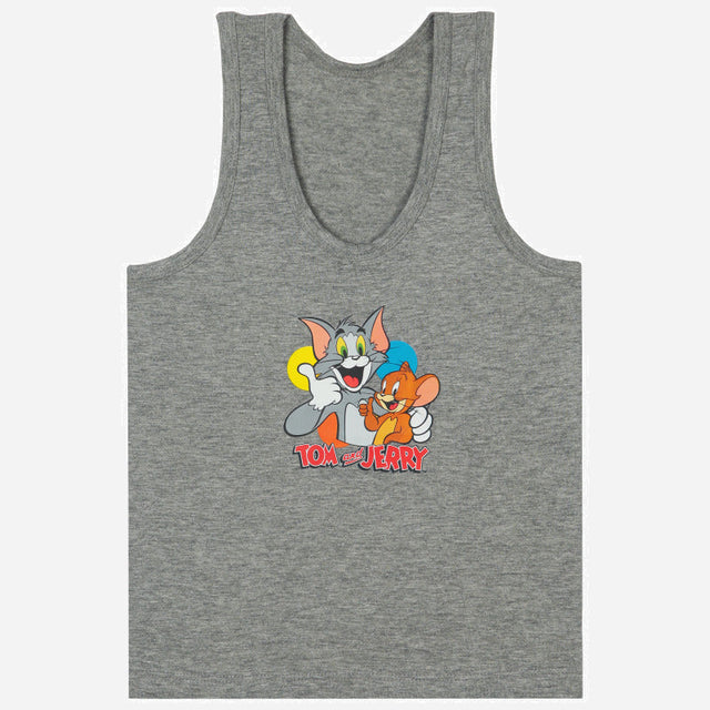 Grey kids sleeveless vest with Tom and Jerry cartoon print, comfortable innerwear.