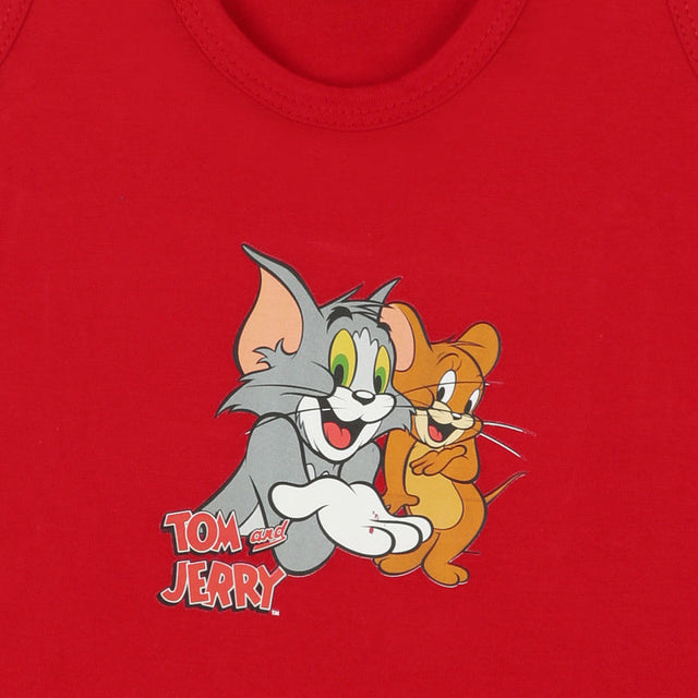 Red kids innerwear with Tom and Jerry cartoon print, soft cotton fabric, round neckline