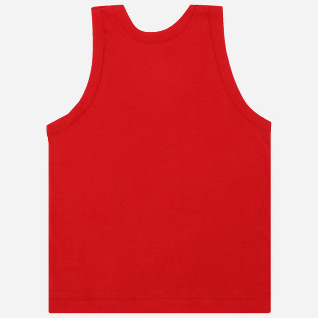 Red sleeveless kids innerwear vest on white background