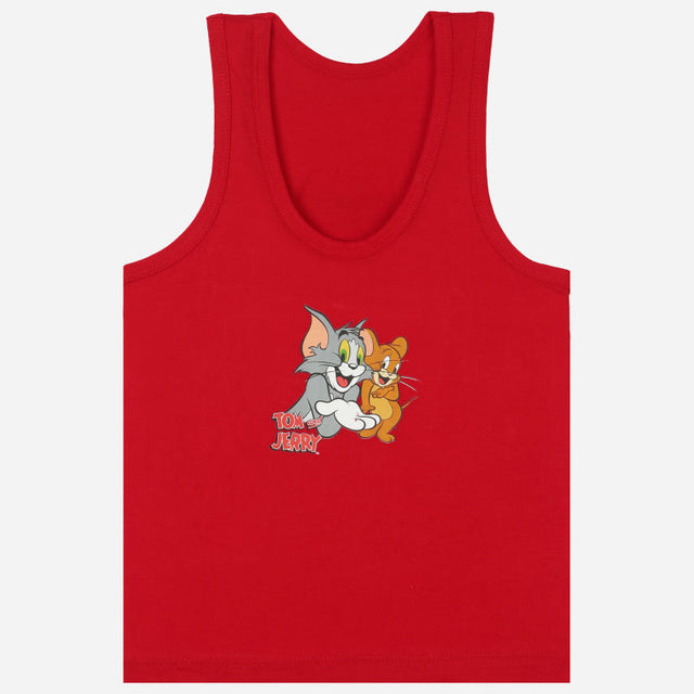 Kids red sleeveless vest with Tom and Jerry cartoon print, comfortable innerwear