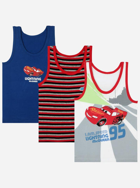 Set of three boys' vests featuring Lightning McQueen designs and red stripe patterns
