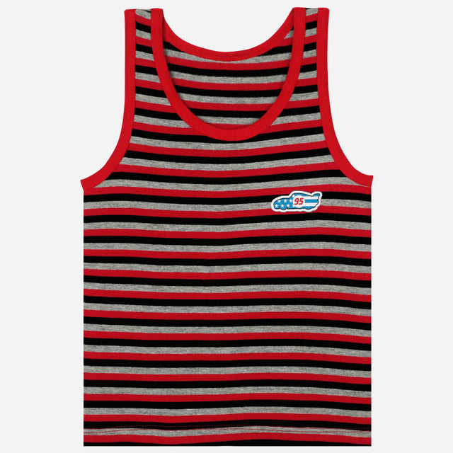 Kids striped sleeveless vest with red, black, and gray horizontal stripes, airplane patch