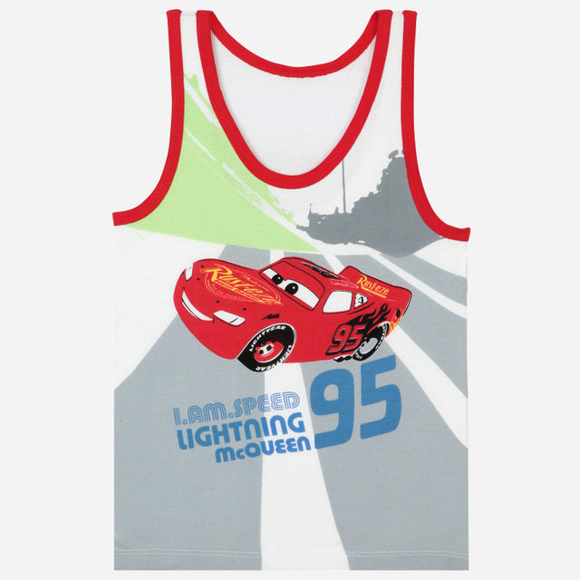 Kids sleeveless vest with red Lightning McQueen car print and red trim, innerwear apparel