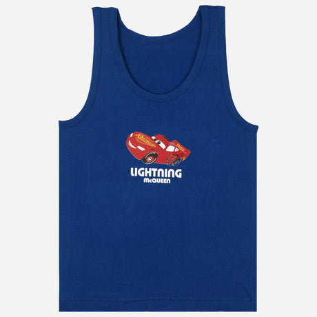Blue kids' sleeveless vest with Lightning McQueen car print and text on front, white background