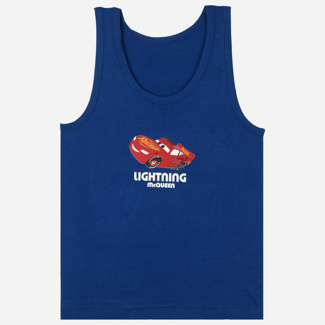 Blue kids' sleeveless vest with Lightning McQueen car print and text on front, white background