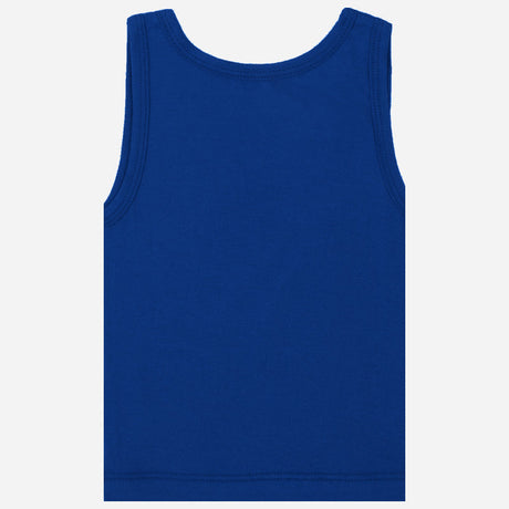Back view of plain blue kids cotton sleeveless vest