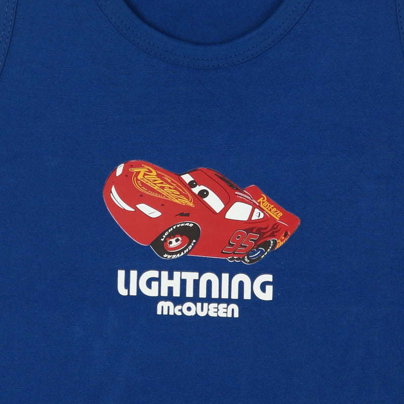 Blue kids’ tank top with Lightning McQueen cartoon car graphic and printed logo