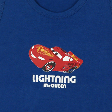 Blue kids’ tank top with Lightning McQueen cartoon car graphic and printed logo