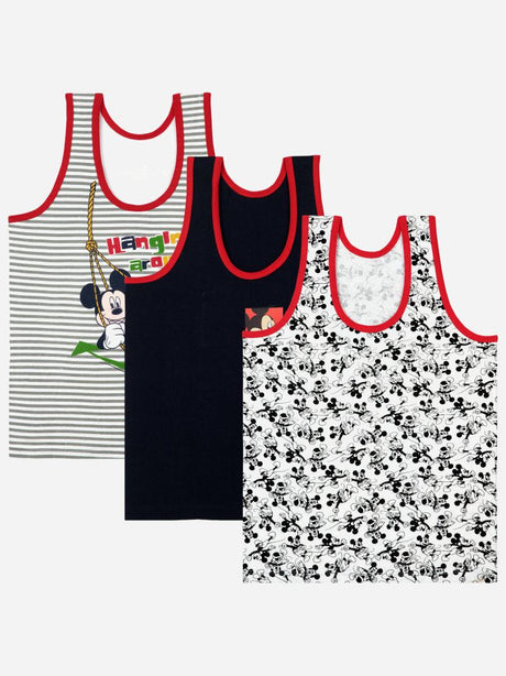 Kids sleeveless vest multipack featuring cartoon prints, red trim, and soft fabric.
