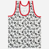 Kids sleeveless white vest with black cartoon print and red trim, innerwear apparel