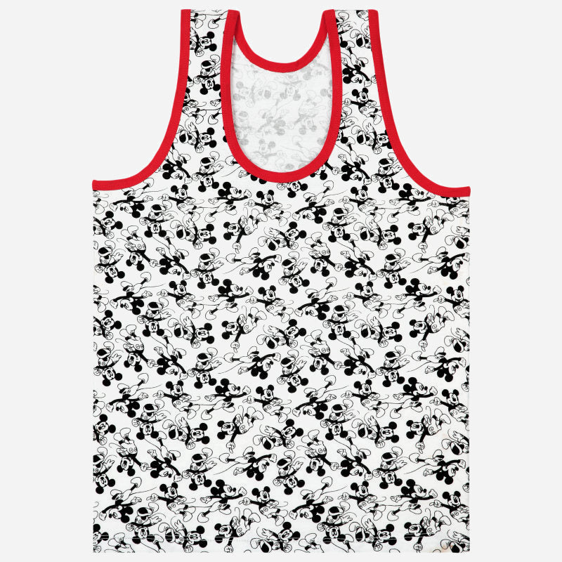 Kids sleeveless white vest with black cartoon print and red trim, innerwear apparel