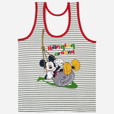 Striped kids tank top with cartoon mouse print and 'Hanging around' text, red trim