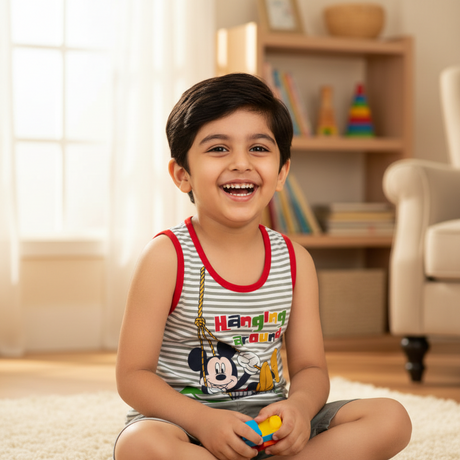 Smiling boy in striped sleeveless kids innerwear with cartoon print, sitting indoors