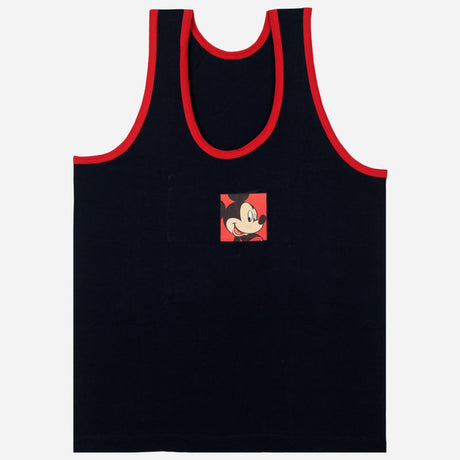 Kids sleeveless black vest with red trim and cartoon print on chest, comfortable innerwear