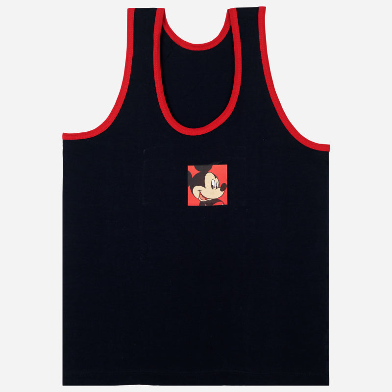 Kids sleeveless black vest with red trim and cartoon print on chest, comfortable innerwear
